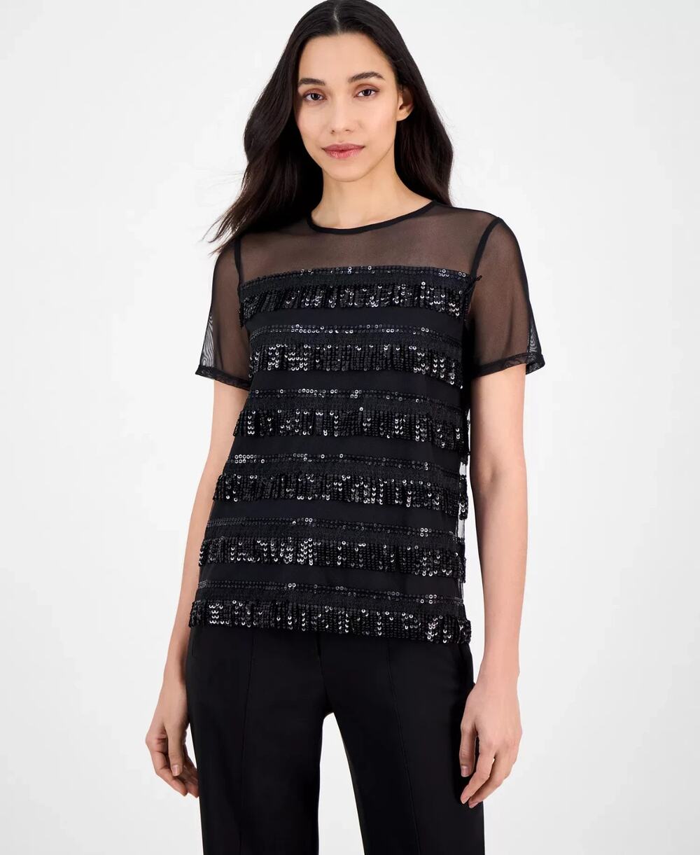 Anne Klein Women's Crewneck Sequin-Fringe-Trim Top Black Size XL 3443